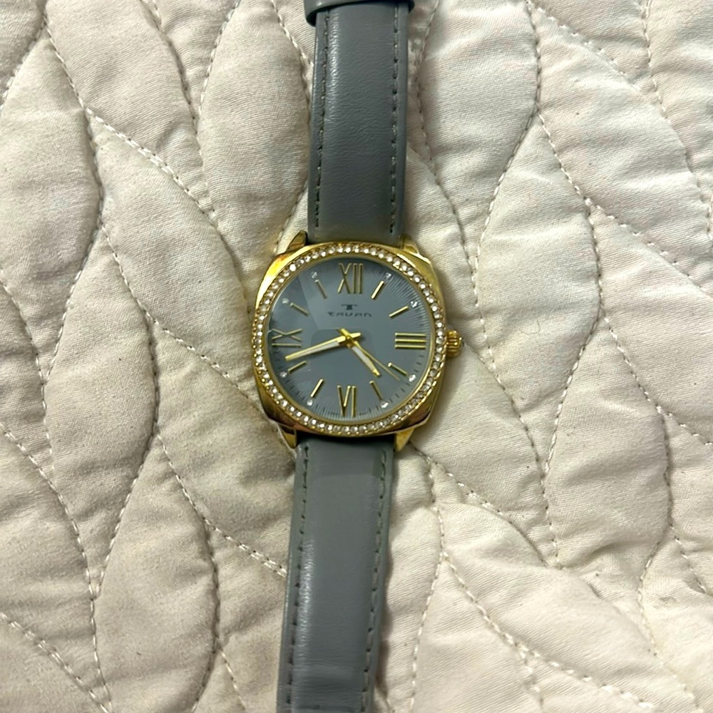 Tavan Genuine Leather, stainless steel back Gray Watch with diamonds